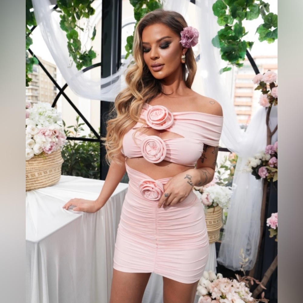 Miss Circle Caynee Peachy Pink Off Shoulder Ruched Mini Dress